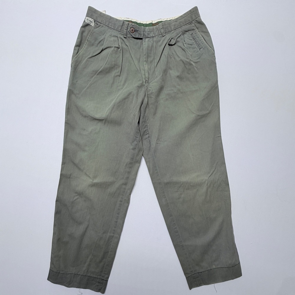 Hugo Boss Sport Mens Pleated Trousers Olive Green Made in Italy Size 34x29